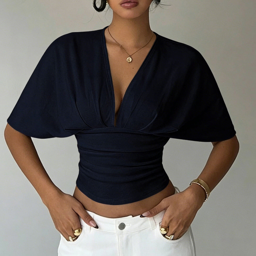 Cinch Waist Tops for Women Ruched Deep V Neck Crop Tops Sexy Summer T Shirts Short Sleeve for Travel Dating original