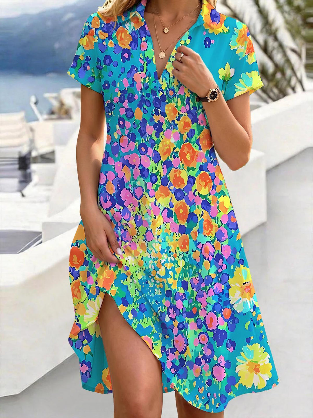 Floral Women's Short Sleeve Shirt Collar Dress