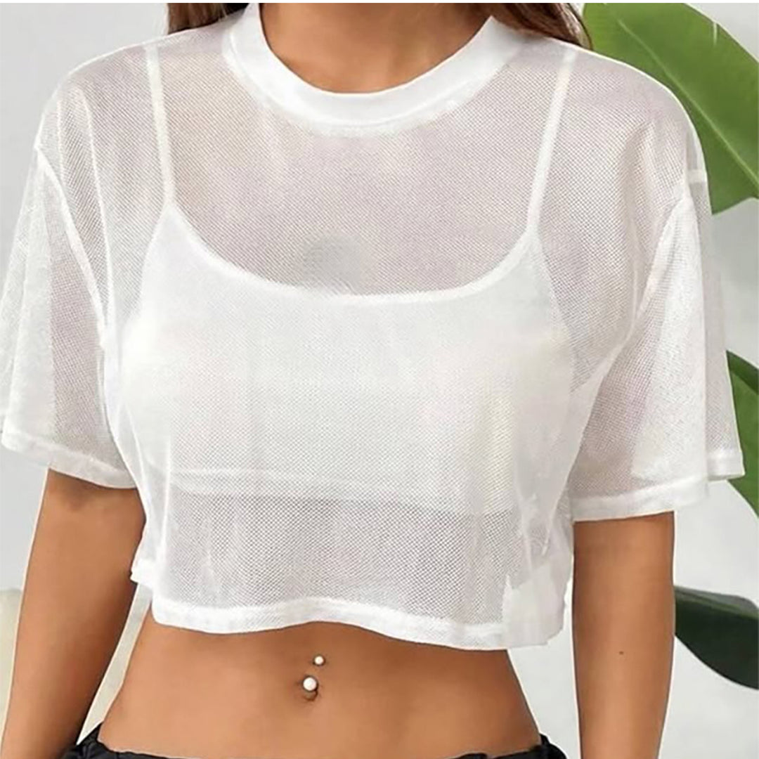 Sheer Mesh Short Sleeve Tops for Women Crewneck Loose Fit See Through Sexy Tee Shirts Crop Tops Daily Wear decent