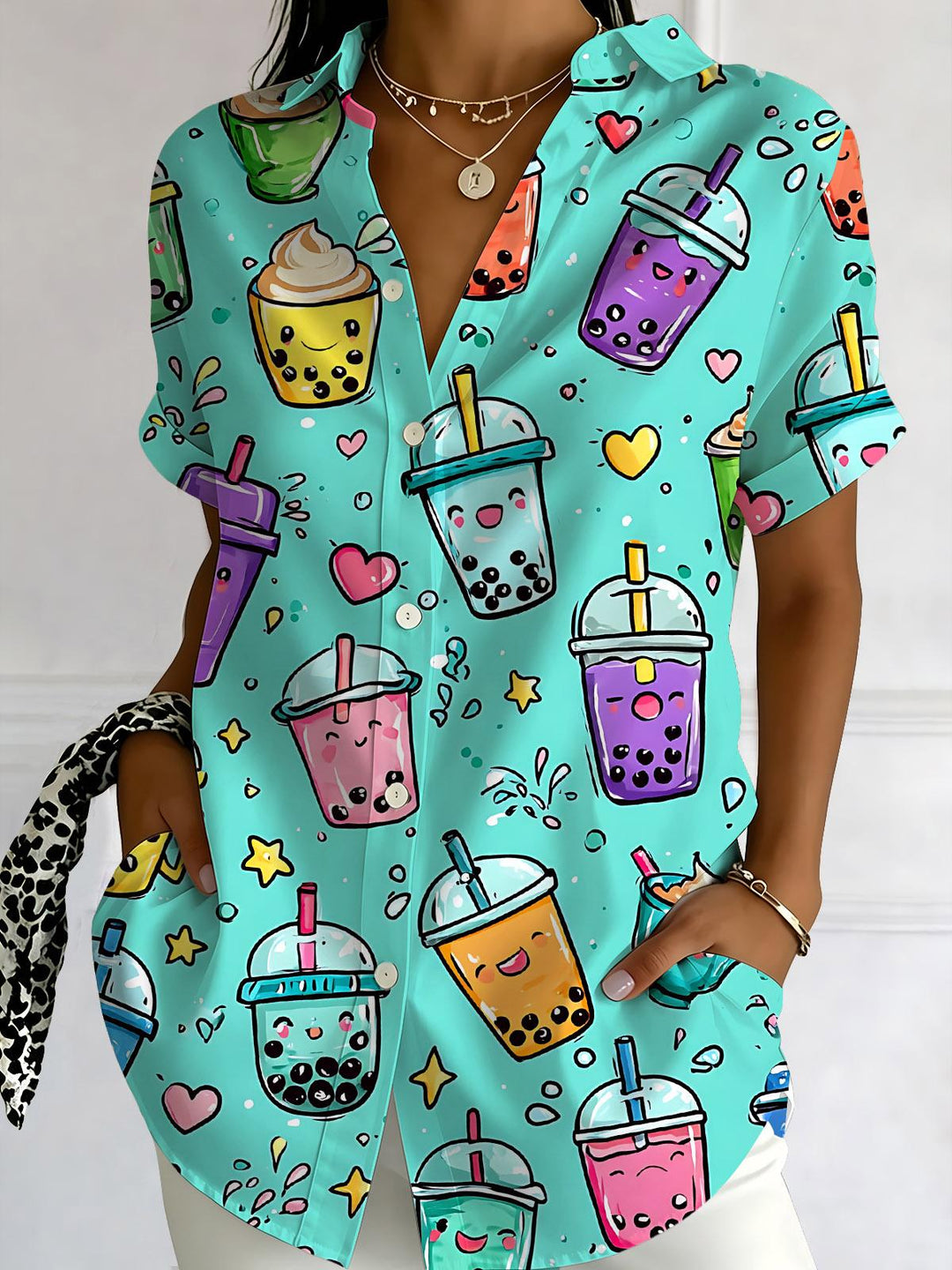 Funny Bubble Tea print Women's Short Sleeve Shirts