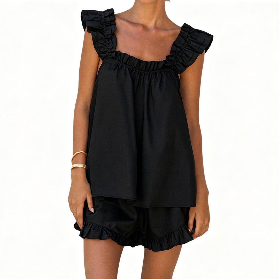 Shorts and Tank Pajama Set Ruffle Square Neck Sexy Sleeveless Loungewear Sleepwear Pj Set for Travel Home right
