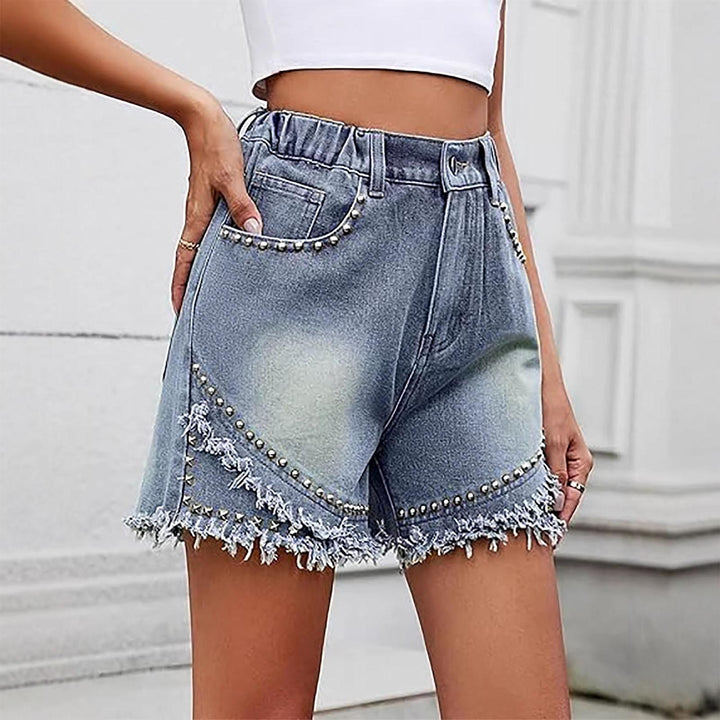 Womens High Waisted Jean Shorts Rivets Frayed Raw Hems Elastic Waist Denim Shorts Casual Hot Pants for Travel honest
