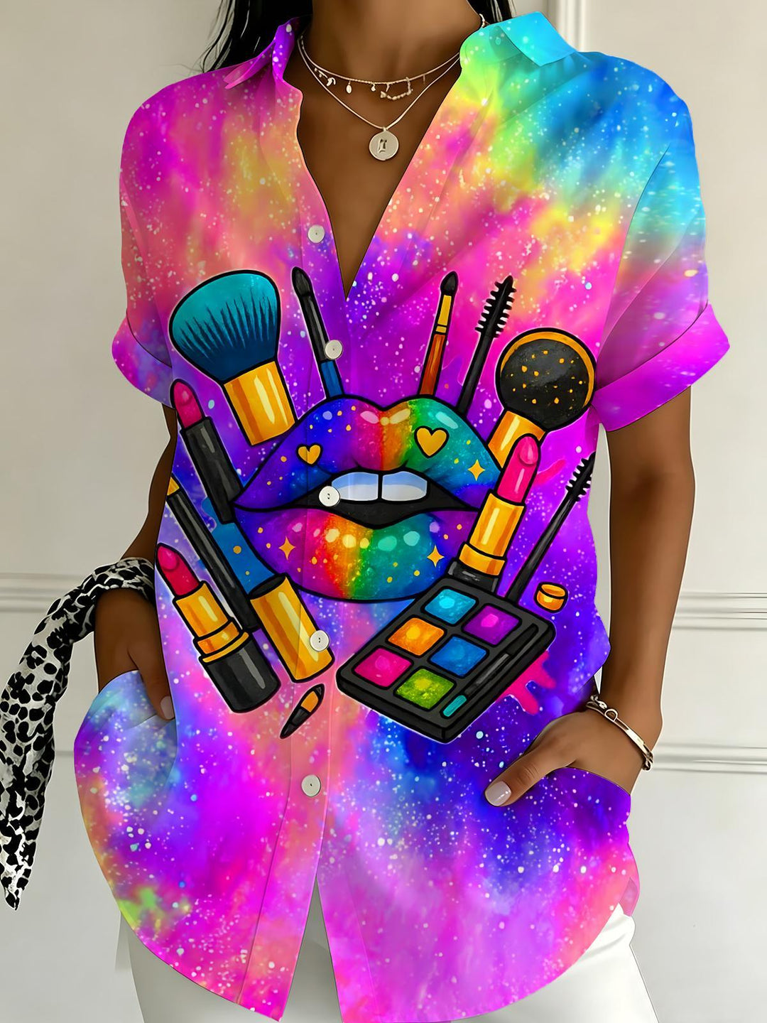 Colorful Tie-Dye Lips & Makeup Women's Short Sleeve Shirts