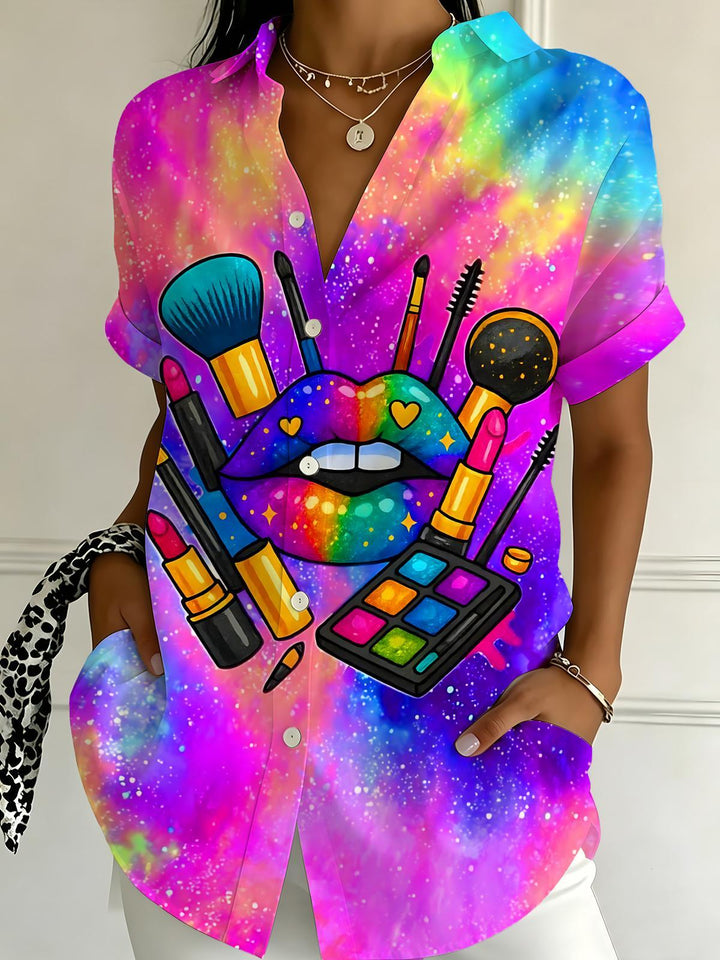 Colorful Tie-Dye Lips & Makeup Women's Short Sleeve Shirts