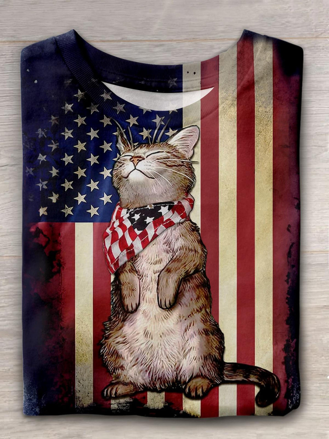 Independence Day Flag Cat PrintCrew Neck T-shirt