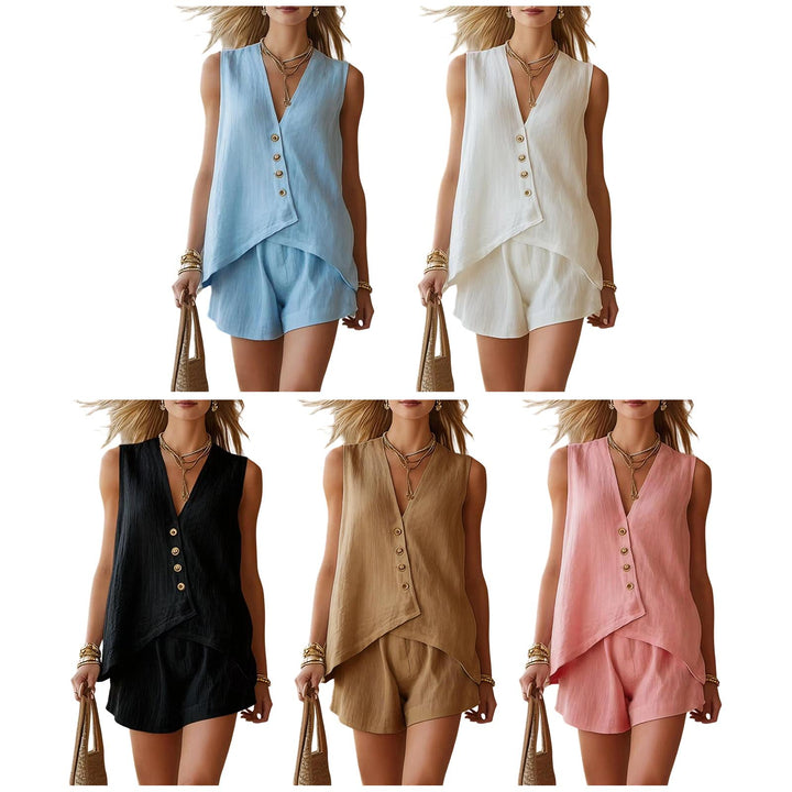 2 Piece Shorts Set for Women V Neck Button Vest Tops Shorts Summer Vacation Matching Lounge Sets for Beach clever
