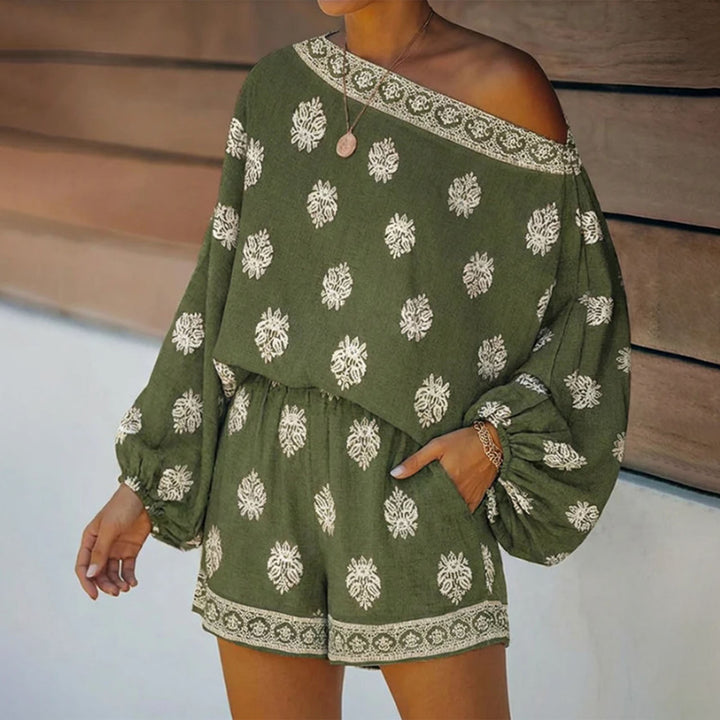 Boho Rompers for Women Off The Shoulder Casual Boho Jumpsuit Loose Lantern Sleeve Rompers for Vacation Beach ingenious