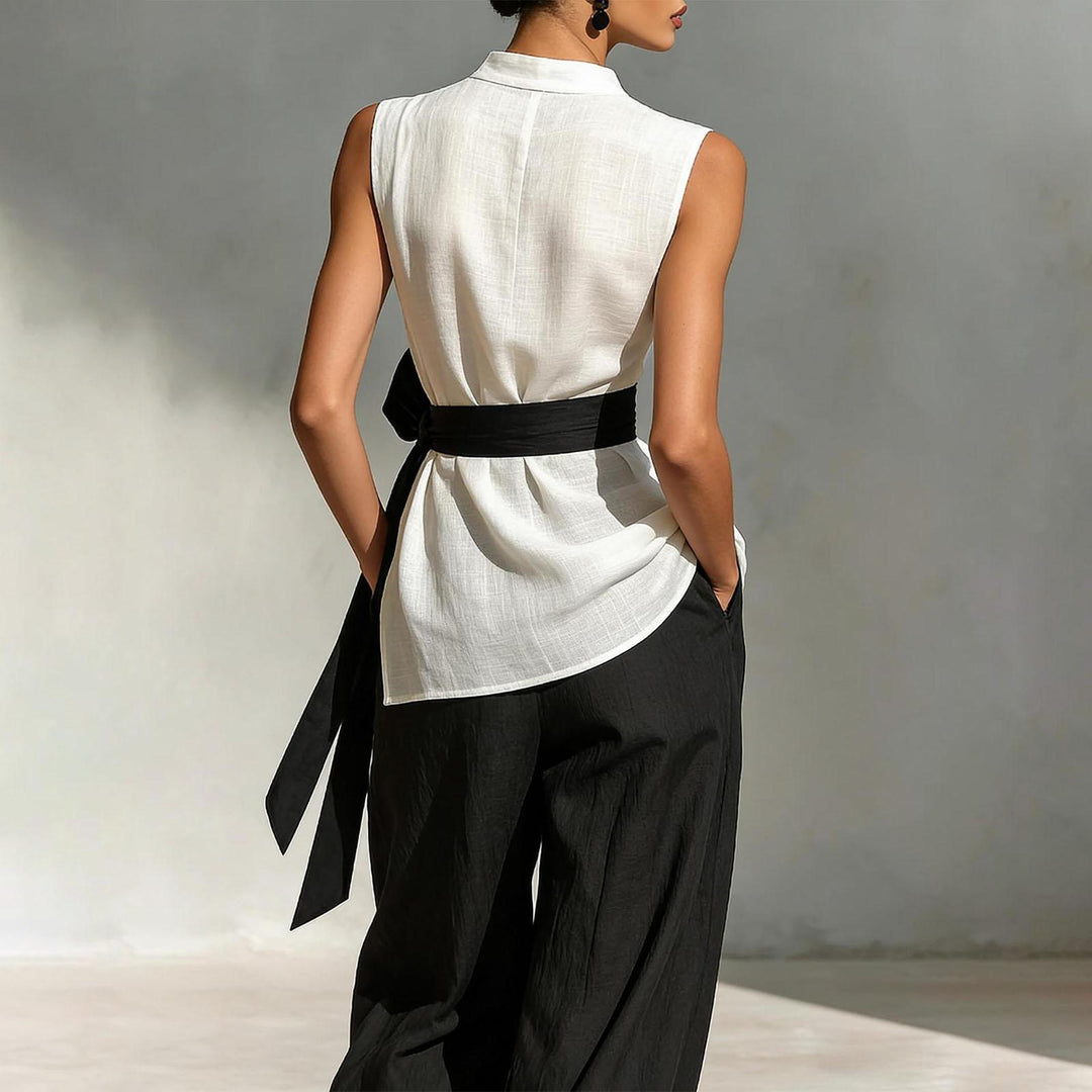 Summer Sets Women 2 Piece Outfits Mock Neck Tie Waist Asymmetrical Tank Top and Wide Leg Pants Set for Dating excitement