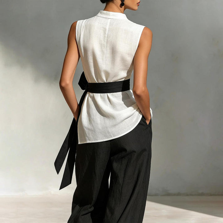 Summer Sets Women 2 Piece Outfits Mock Neck Tie Waist Asymmetrical Tank Top and Wide Leg Pants Set for Dating excitement