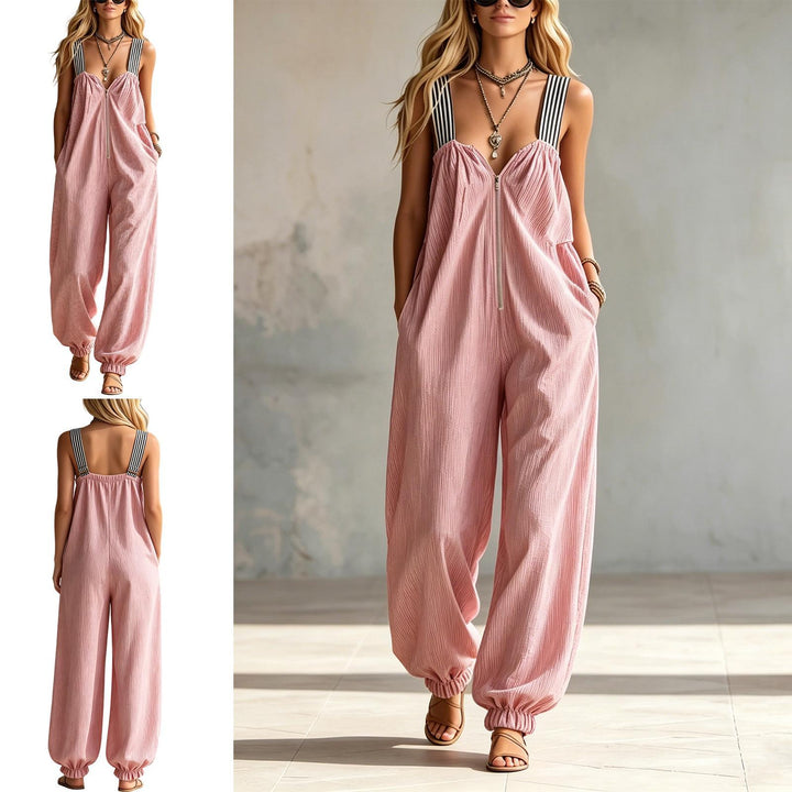 Sleeveless Jumpsuits for Women Striped Strap Cinch Bottom Lounge Overalls Streetwear with Pockets for Date kindness
