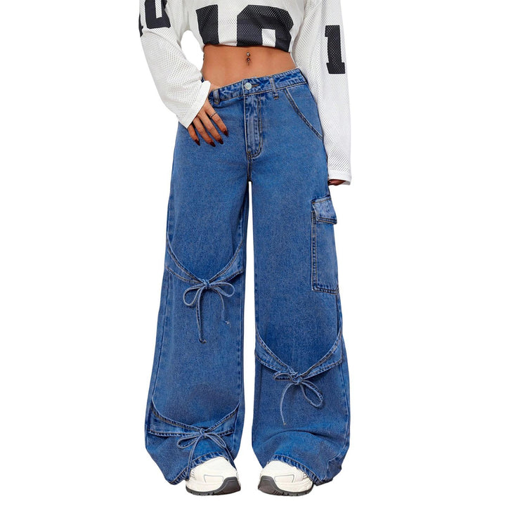 Women's Baggy Jeans Bow Tie Boyfriends Straight Leg Loose Trendy Mid Rise Denim Pants for Travel Daily Wear amiable