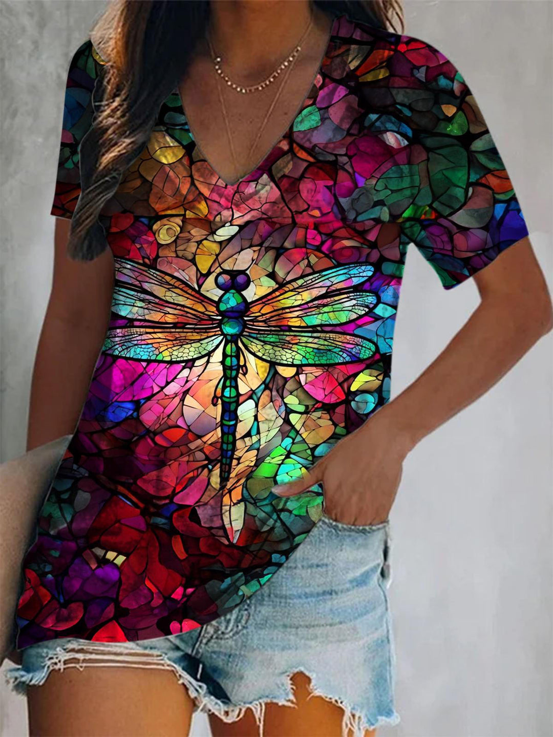 Colorful Stained Glass Dragonfly Short Sleeve V Neck Printed Top