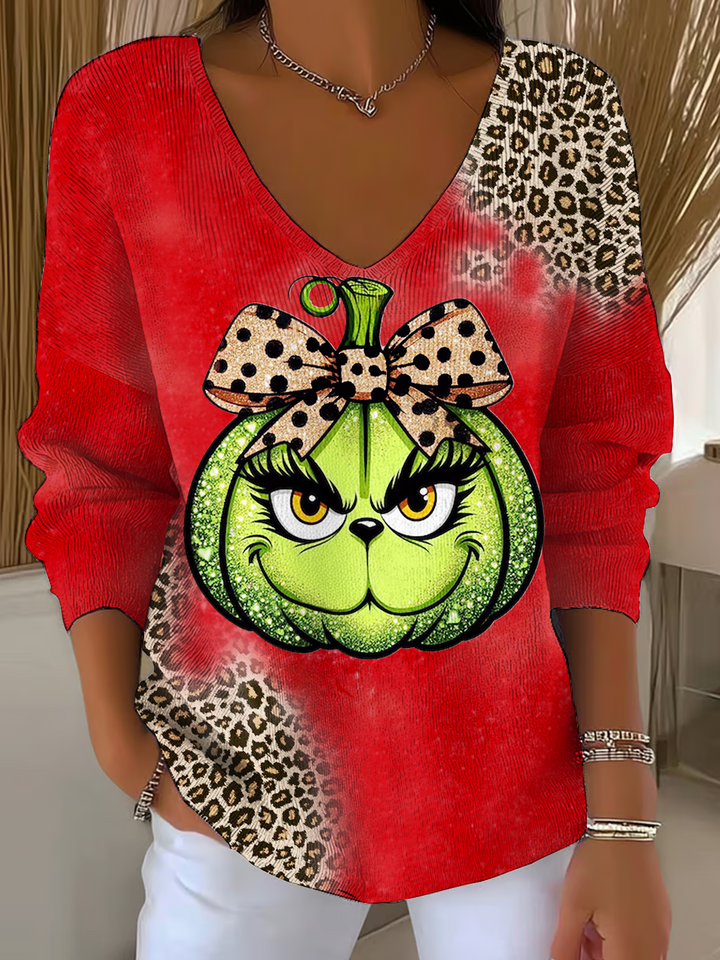 Funny Christmas Leopard Pumpkin Casual V Neck Pullover Sweater