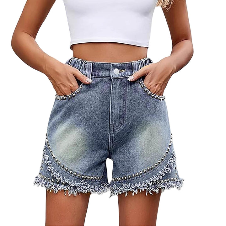 Womens High Waisted Jean Shorts Rivets Frayed Raw Hems Elastic Waist Denim Shorts Casual Hot Pants for Travel honest