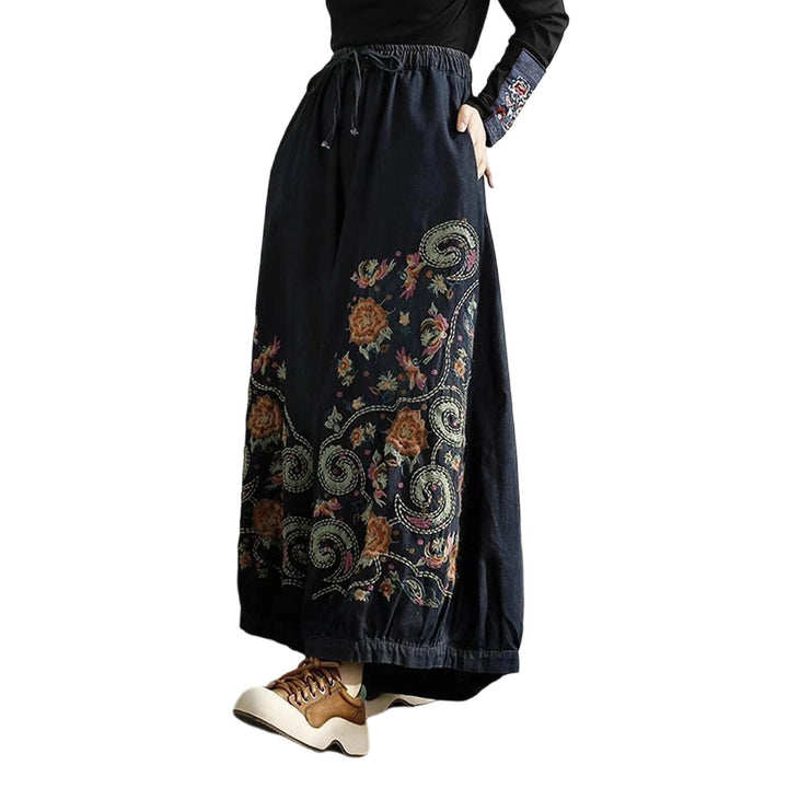 Womens Embroidered Jeans High Waisted Elastic Waist Denim Pants Baggy Trousers with Pockets for Travel Date fashionable