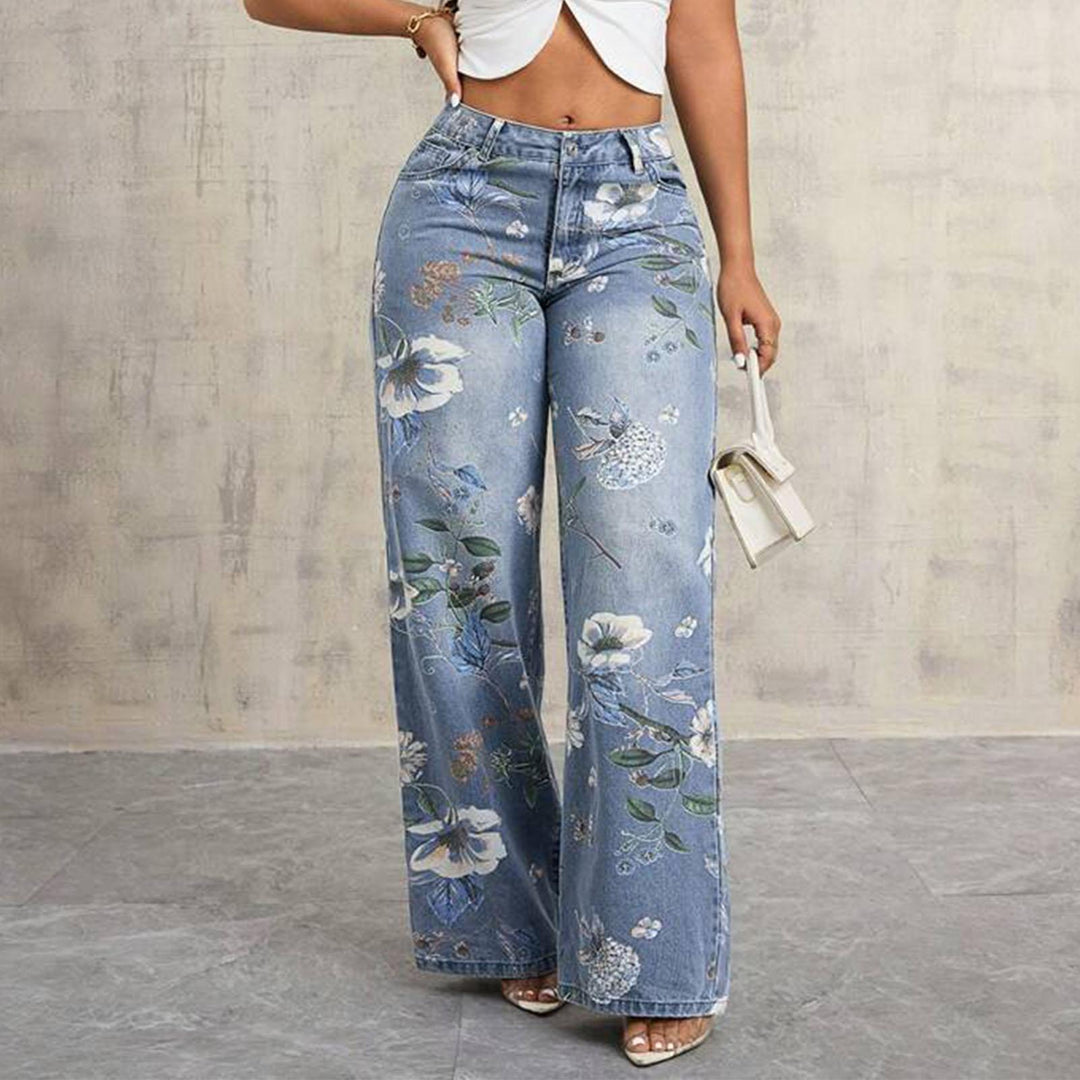 Floral Print Jeans for Women Mid Rise Trendy Jeans Wide Leg Casual Denim Pants with Pockets for Vacation grand