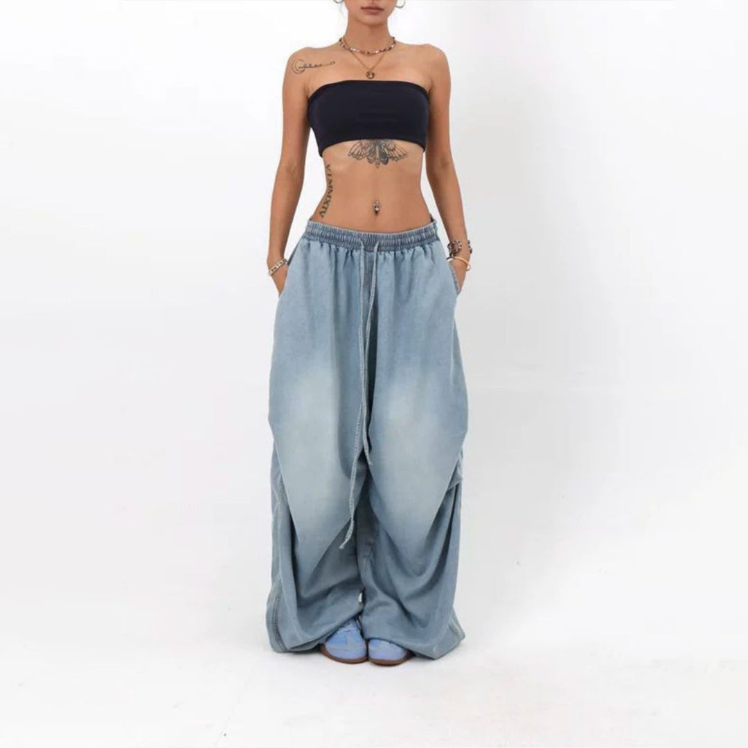 Womens Elastic Waist Jeans Low Rise Vintage Baggy Barrel Jeans Streetwear Loose Fit Denim Pants for Travel candid