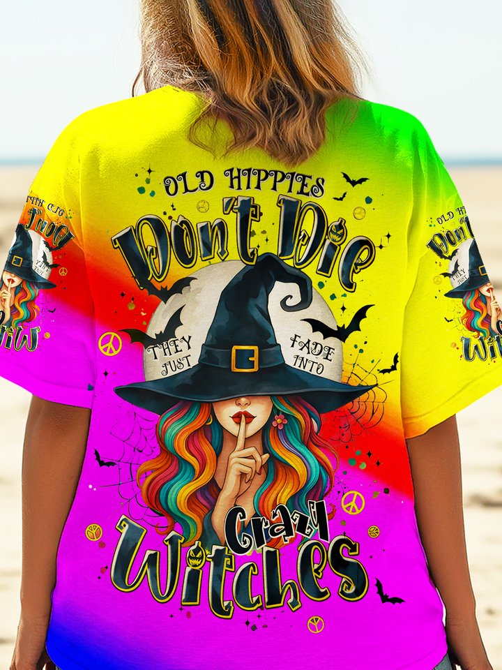 Colorful Hippie Witch Halloween Art Crew Neck T-shirt