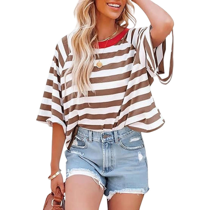 Striped Shirt Women Crew Neck Fashion Casual T Shirts Loose Fit Basic Tops for Travel Going Out Commuting approving