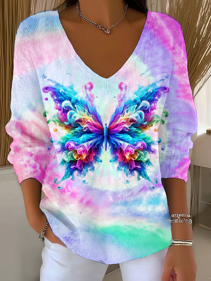 Colorful Hippie Smoke Butterfly Art Casual V Neck Pullover Sweater