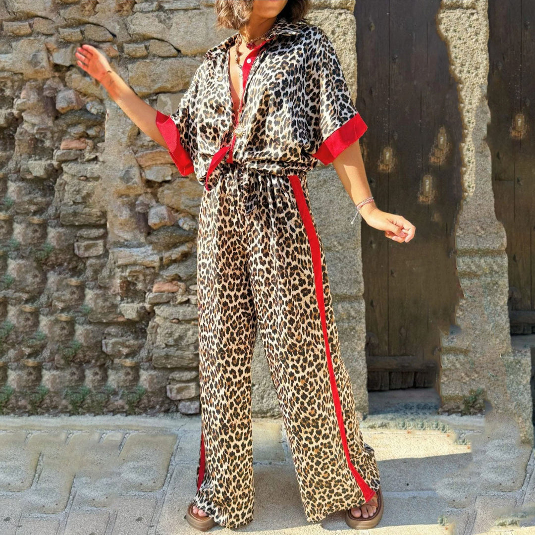 Womens Lounge Set 2 Piece Leopard Print Button Down Shirt with Palazzo Pants Going Out Outfit Streetwear fun