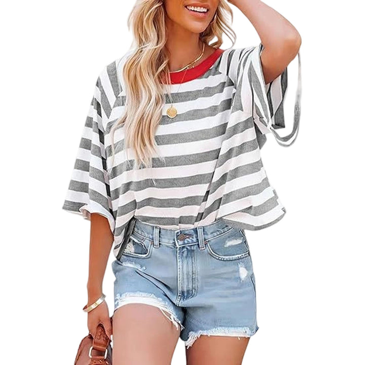 Striped Shirt Women Crew Neck Fashion Casual T Shirts Loose Fit Basic Tops for Travel Going Out Commuting approving