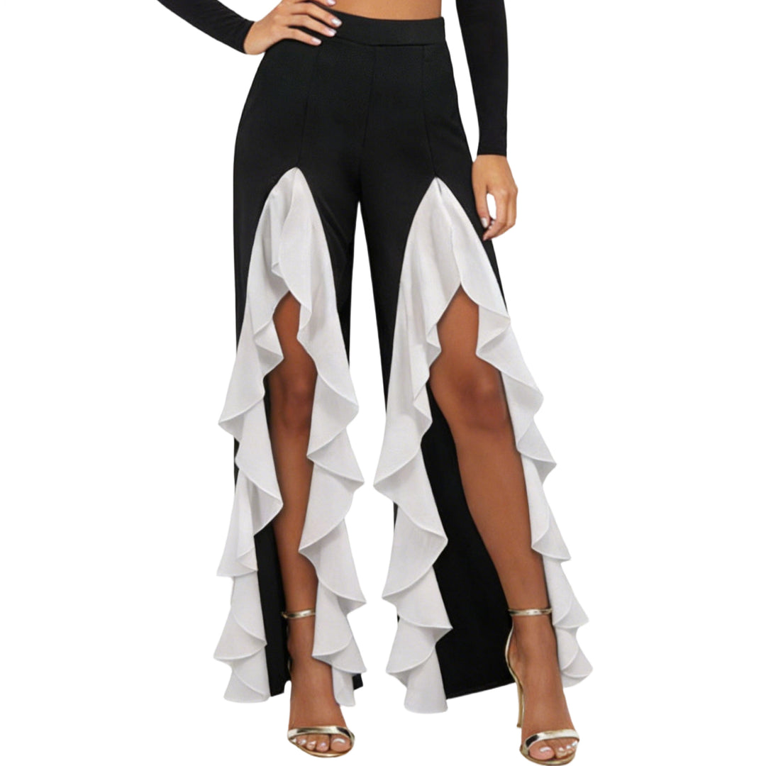 Womens Ruffle Pants Front Slit Flowy Loose Fit Wide Leg Trousers Elastic High Waist Lounge Pants for Dating improved