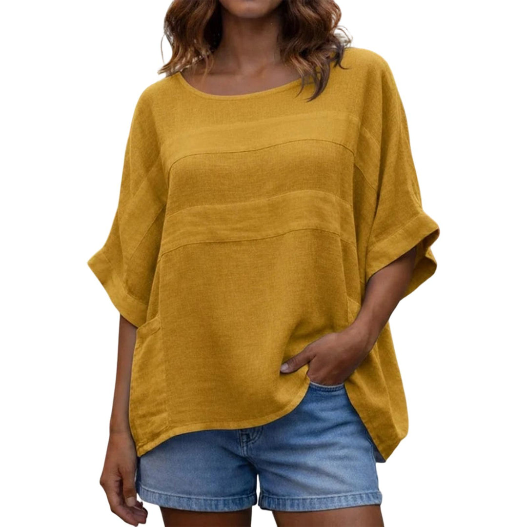 Women's Linen Shirt 3/4 Batwing Sleeve Summer Casual Crewneck Shirts Lightweight Flowy Blouses for Travel reasonable