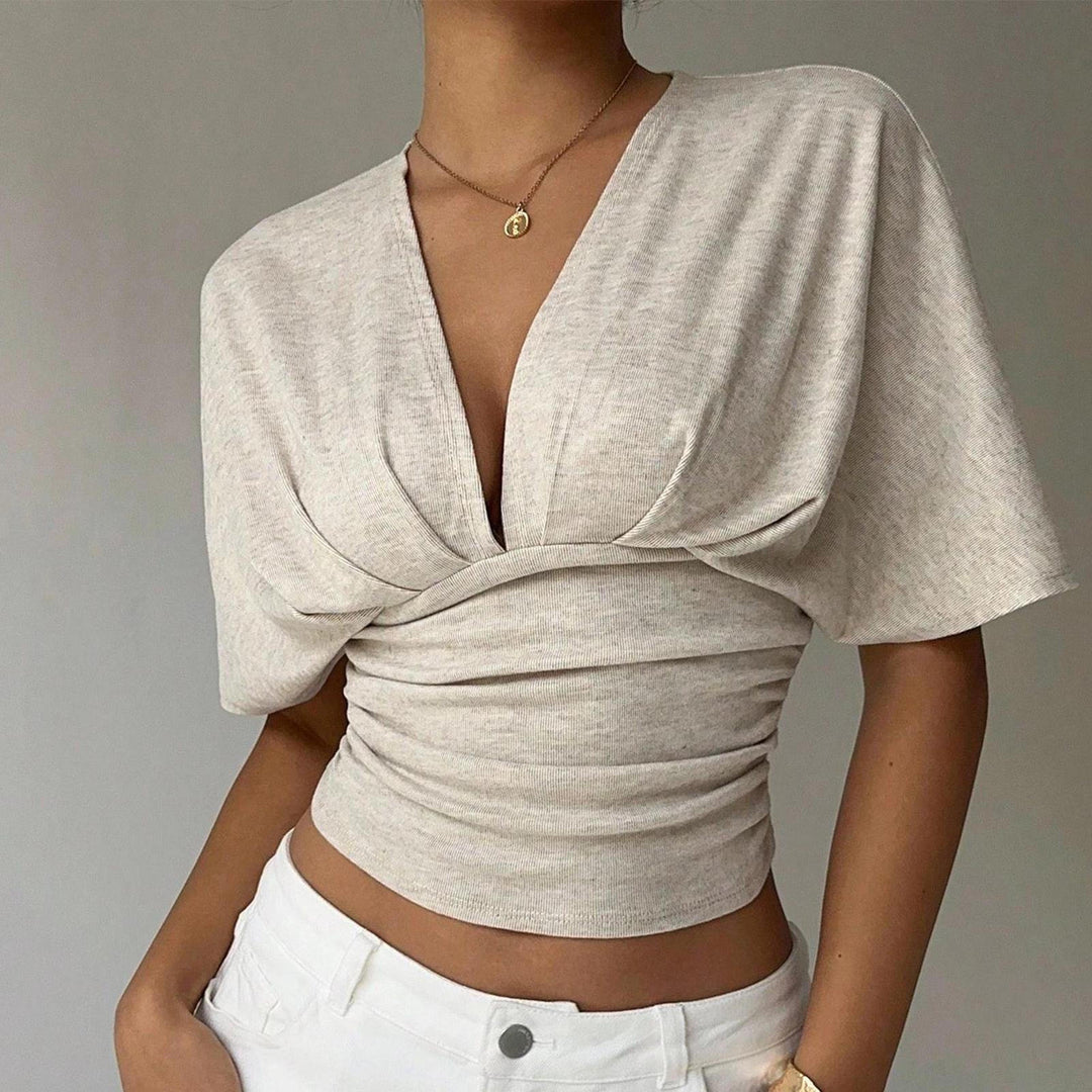 Cinch Waist Tops for Women Ruched Deep V Neck Crop Tops Sexy Summer T Shirts Short Sleeve for Travel Dating original