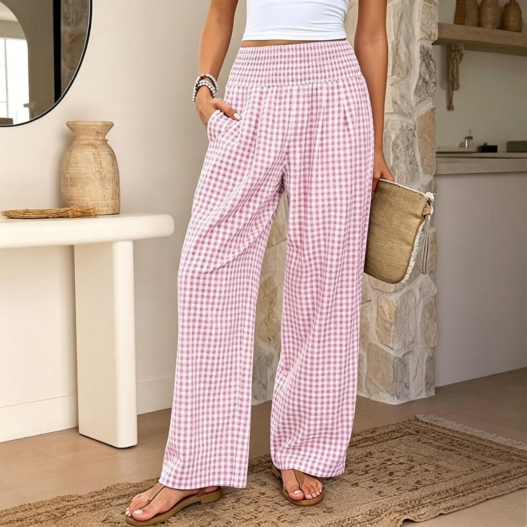 Women Gingham Pants Smocked Waist Plaid Pajama Lounge Pants Wide Leg Trousers with Pocket for Daily Wear gently