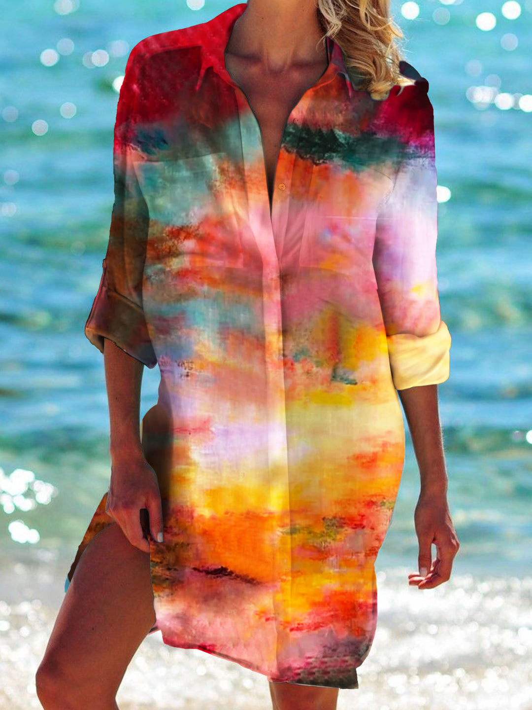 Women's Print Long Sleeve Beach Shirt Dress