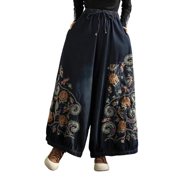 Womens Embroidered Jeans High Waisted Elastic Waist Denim Pants Baggy Trousers with Pockets for Travel Date fashionable