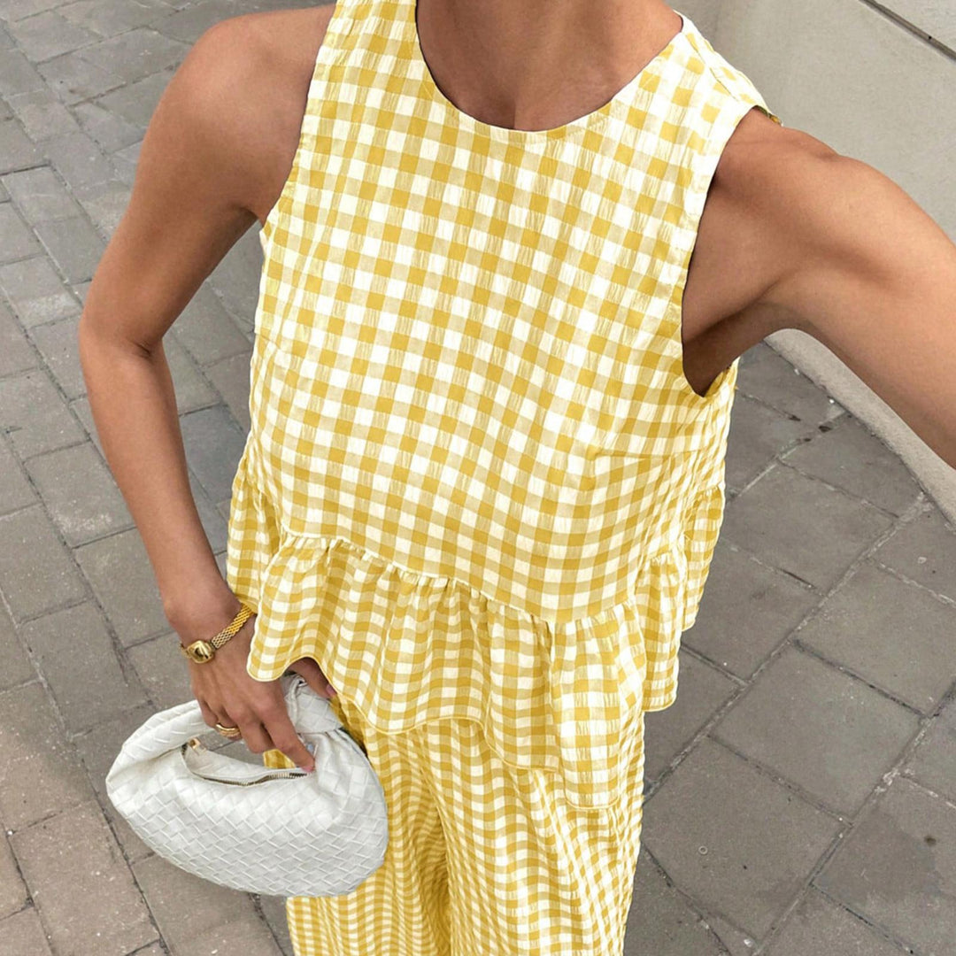 Womens Gingham Set Ruffle Plaid Peplum Tops and Pants Summer Vacation Going Out Sets for Daily Wear Beach admired