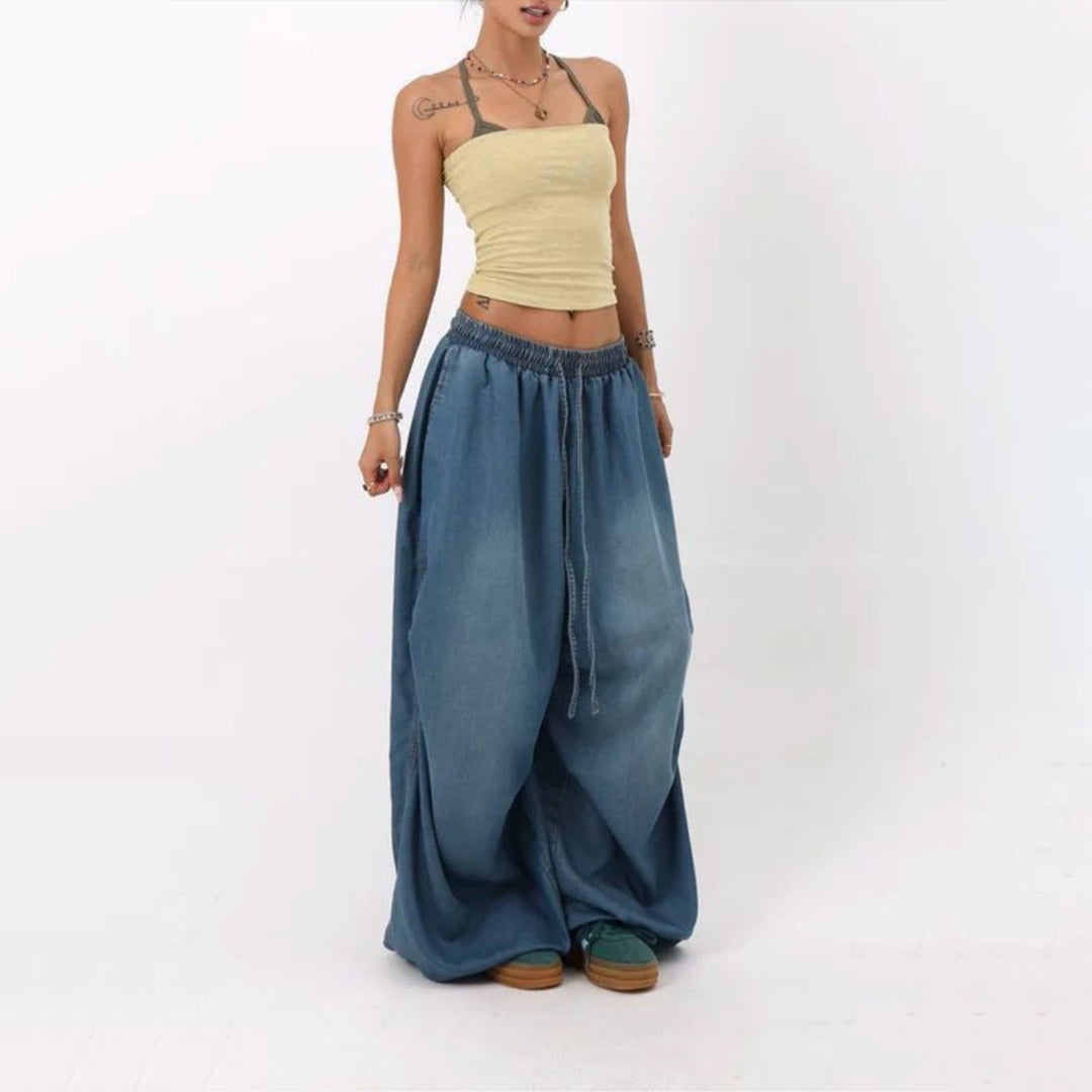 Womens Elastic Waist Jeans Low Rise Vintage Baggy Barrel Jeans Streetwear Loose Fit Denim Pants for Travel candid