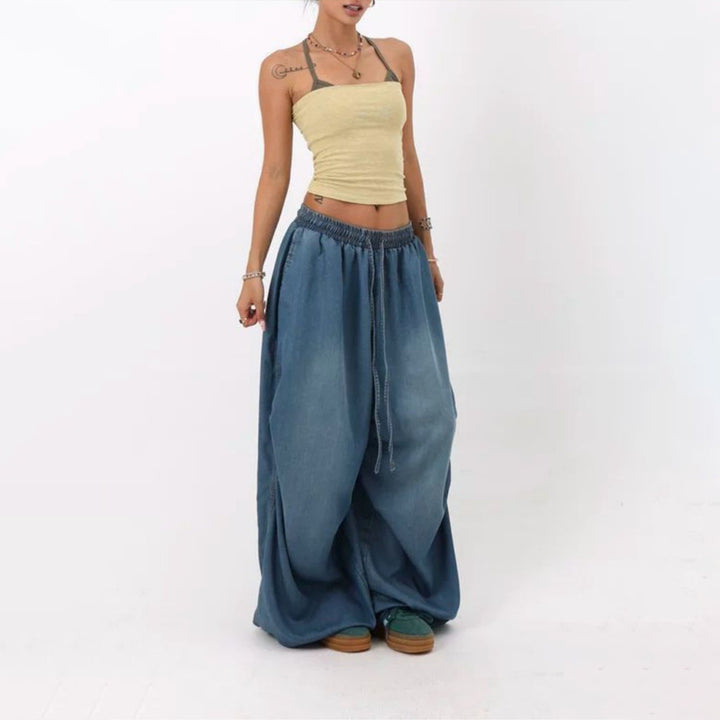 Womens Elastic Waist Jeans Low Rise Vintage Baggy Barrel Jeans Streetwear Loose Fit Denim Pants for Travel candid