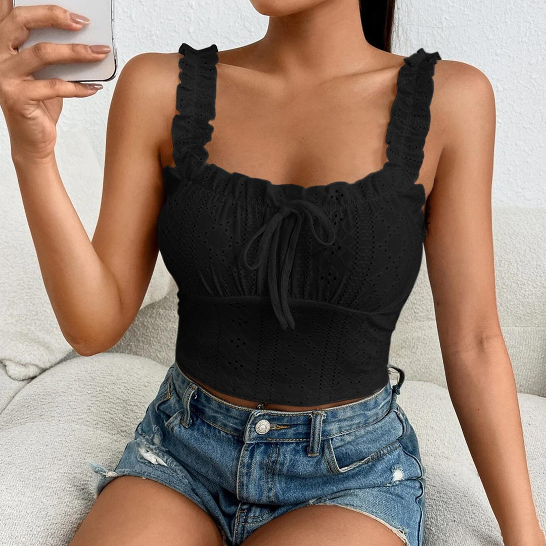Eyelet Tank Tops for Women Ruffle Ruched Sleeveless Square Neck Tie Front Bust Crop Camisole Tops for Travel excellent