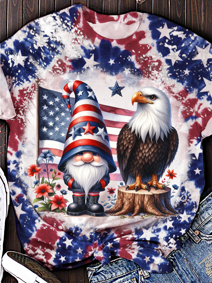 Retro Patriotic Eagle Dwarf Print Crew Neck T-shirt