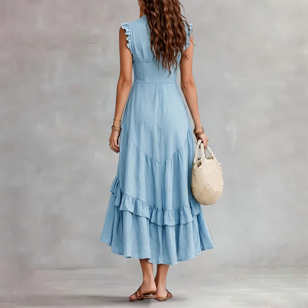 Ruffle Dress Long V Neck Button Flowy Cap Sleeve Summer Maxi Dresses Casual Beach Clothes for Beach Vacation serviceable