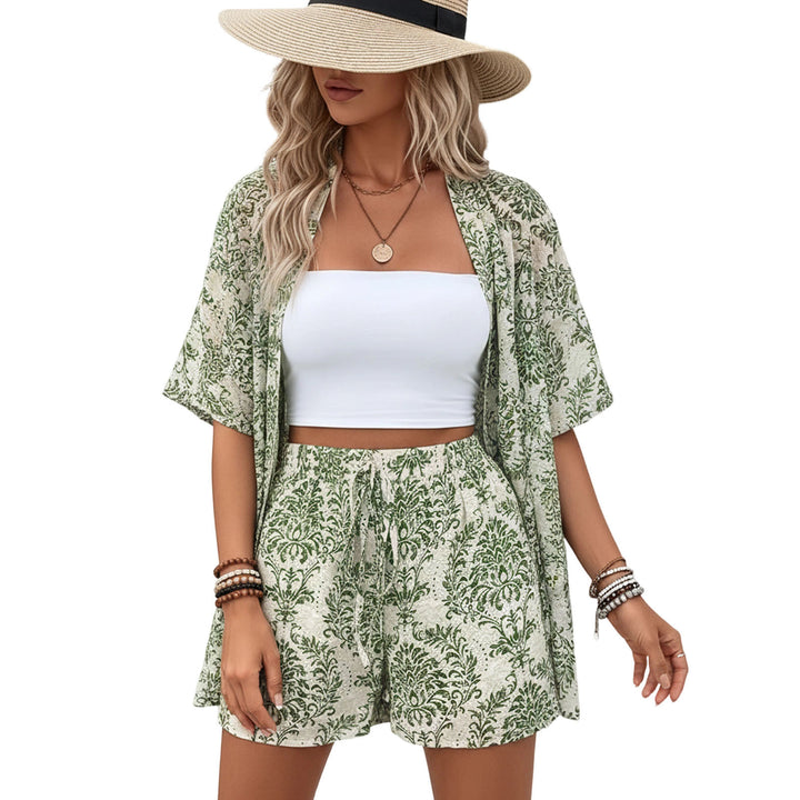 Beach 2 Piece Outfits for Women Boho Floral Leaf Summer Outfits Short Sleeve Shirt Beach Sets for Daily Wear favorable