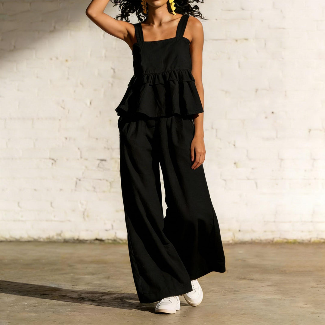 2 Piece Summer Sets for Women Ruffle Casual Summer Sleeveless Peplum Top and Wide Leg Pants Sets for Leisure workable