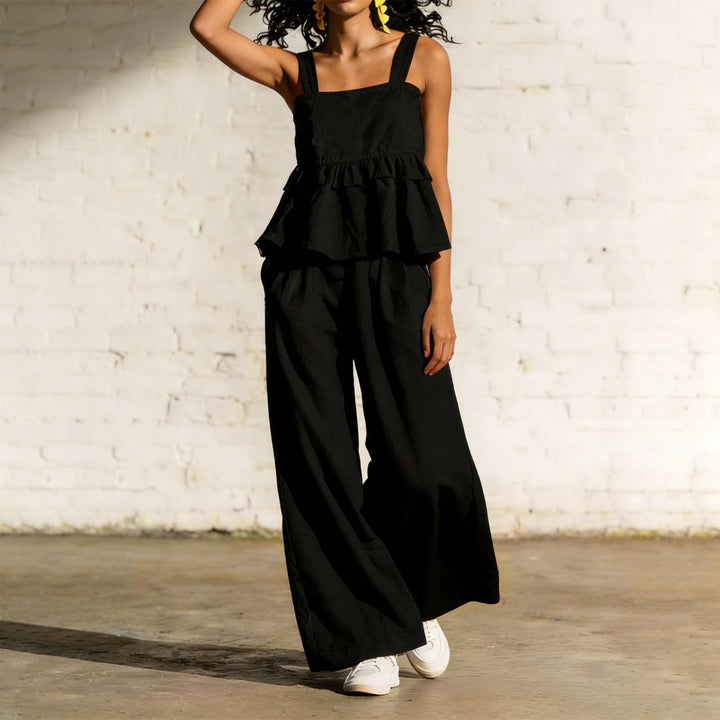 2 Piece Summer Sets for Women Ruffle Casual Summer Sleeveless Peplum Top and Wide Leg Pants Sets for Leisure workable