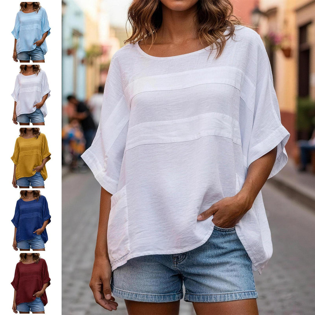 Women's Linen Shirt 3/4 Batwing Sleeve Summer Casual Crewneck Shirts Lightweight Flowy Blouses for Travel reasonable