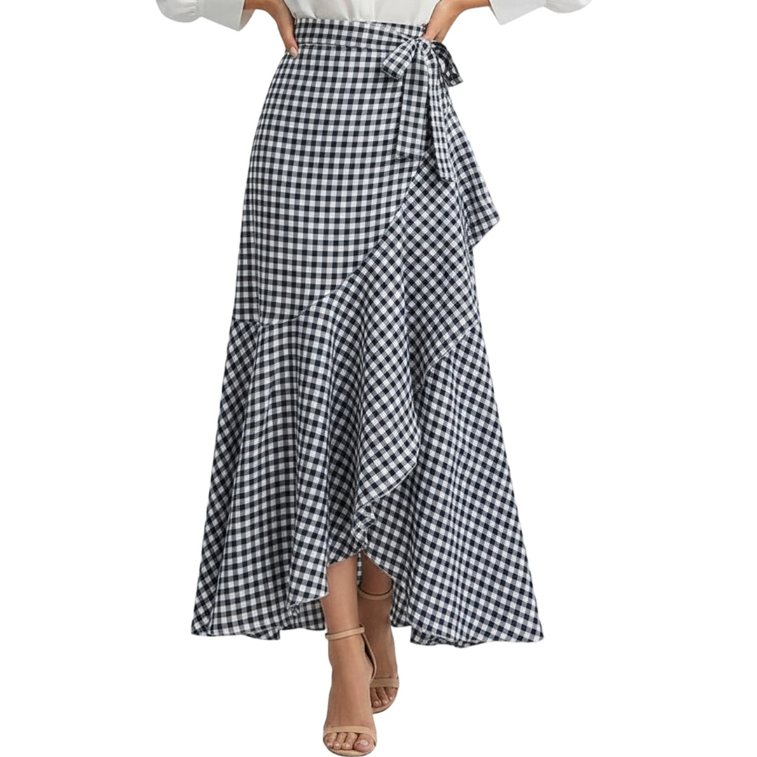 Long Plaid Skirt Mermaid A Line Women High Waist Flowy Ruffle High Low Skirts Waist Tie Clothes Daily Wear capable