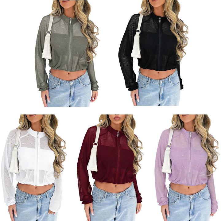 Sheer Mesh Jacket Women Mock Neck Lightweight Casual Zip Up Crop Jacket Summer Athletic Outerwear for Yoga boosted