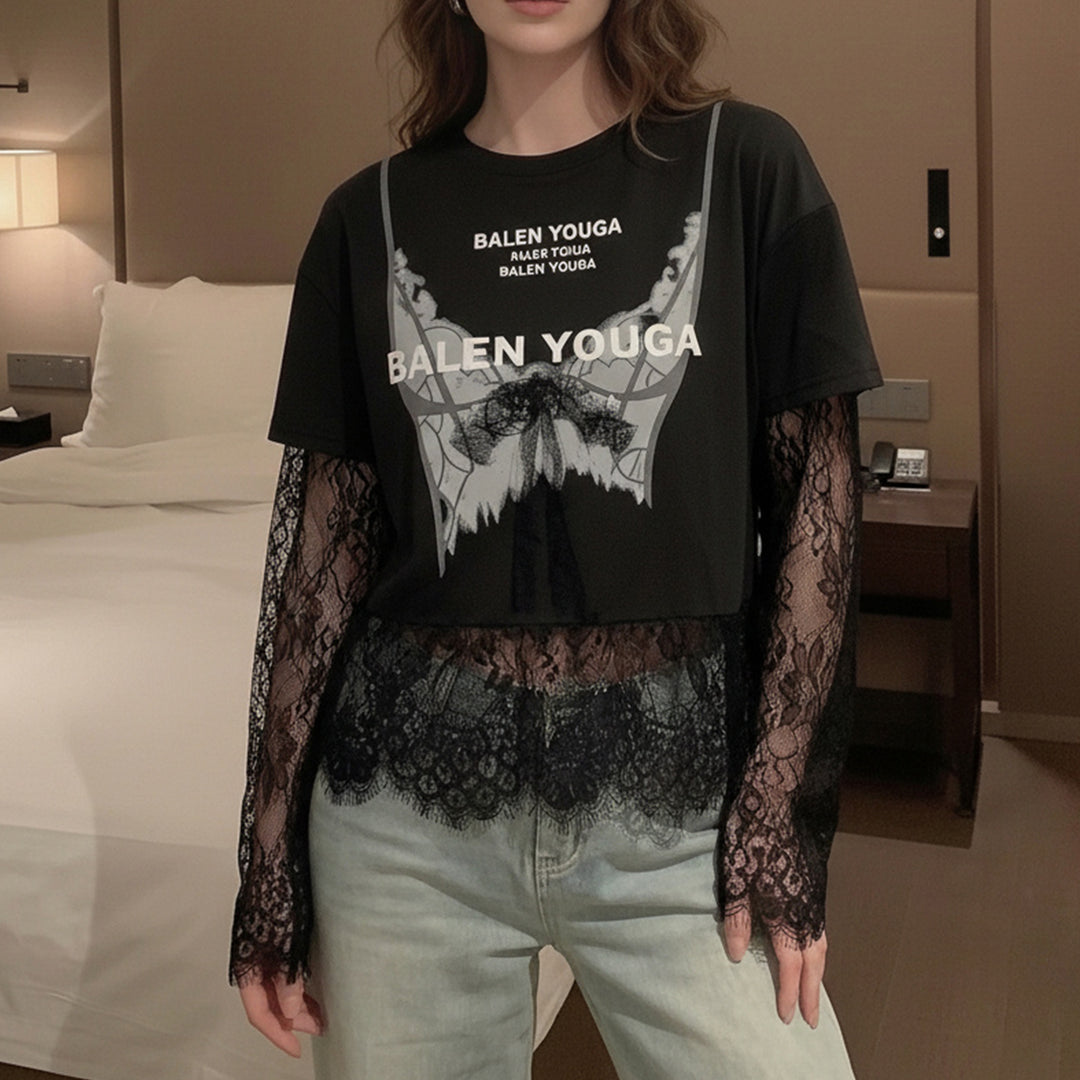 Lace Tshirt for Women Lace Splicing Long Sleeve Shirts Blouse Crew Neck Casual Layered Tee for Vacation Party superb