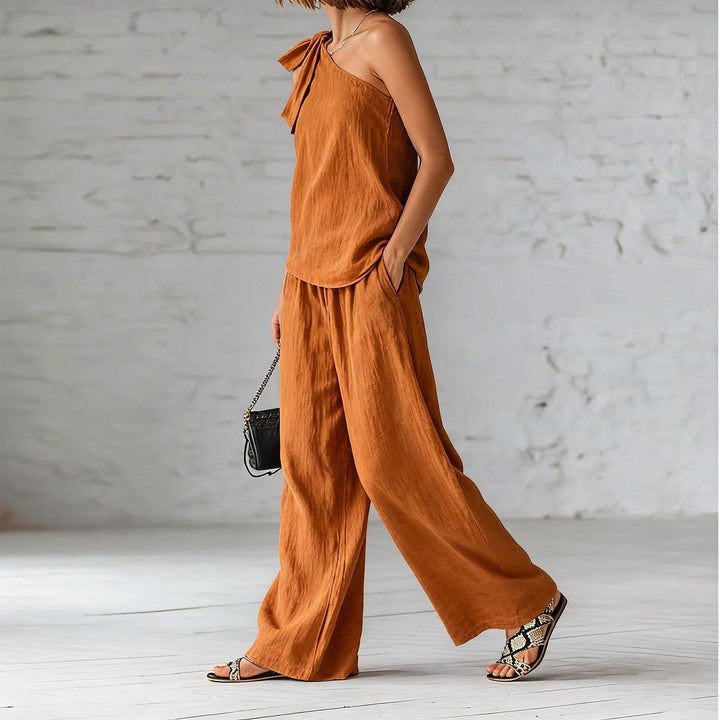 Summer Outfits for Women 2 Piece Set Off Shoulder Asymmetrical Neck Tank Tops Wide Leg Pants Set for Travel refined