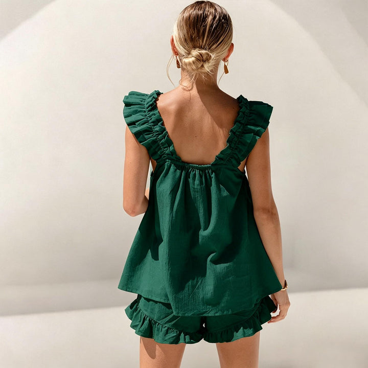 Shorts and Tank Pajama Set Ruffle Square Neck Sexy Sleeveless Loungewear Sleepwear Pj Set for Travel Home right