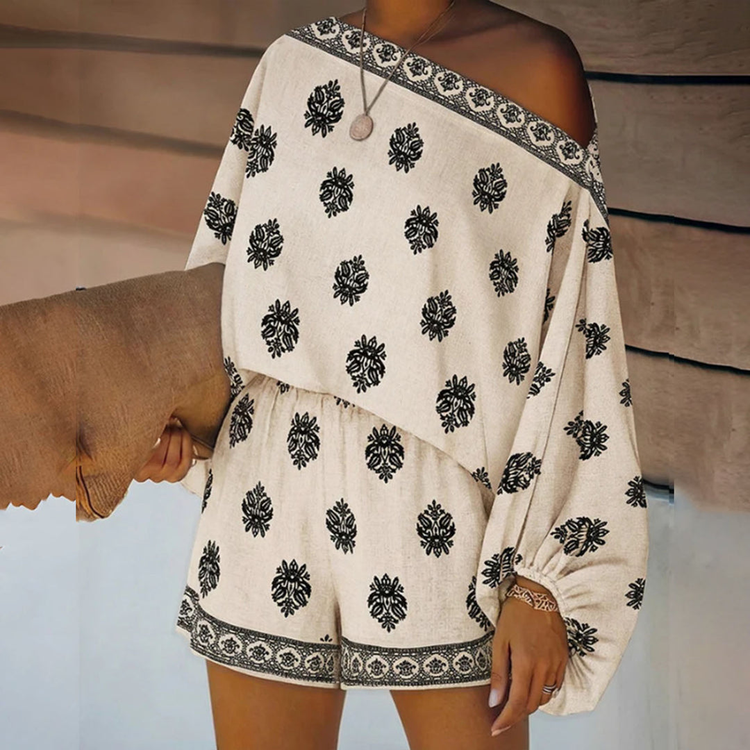 Boho Rompers for Women Off The Shoulder Casual Boho Jumpsuit Loose Lantern Sleeve Rompers for Vacation Beach ingenious