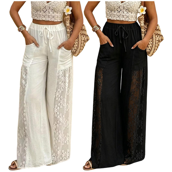 Women's Floral Lace Sheer Mesh Pants High Waisted Loose Fit Drawstring Elastic Waist Toursers for Vacation responsible