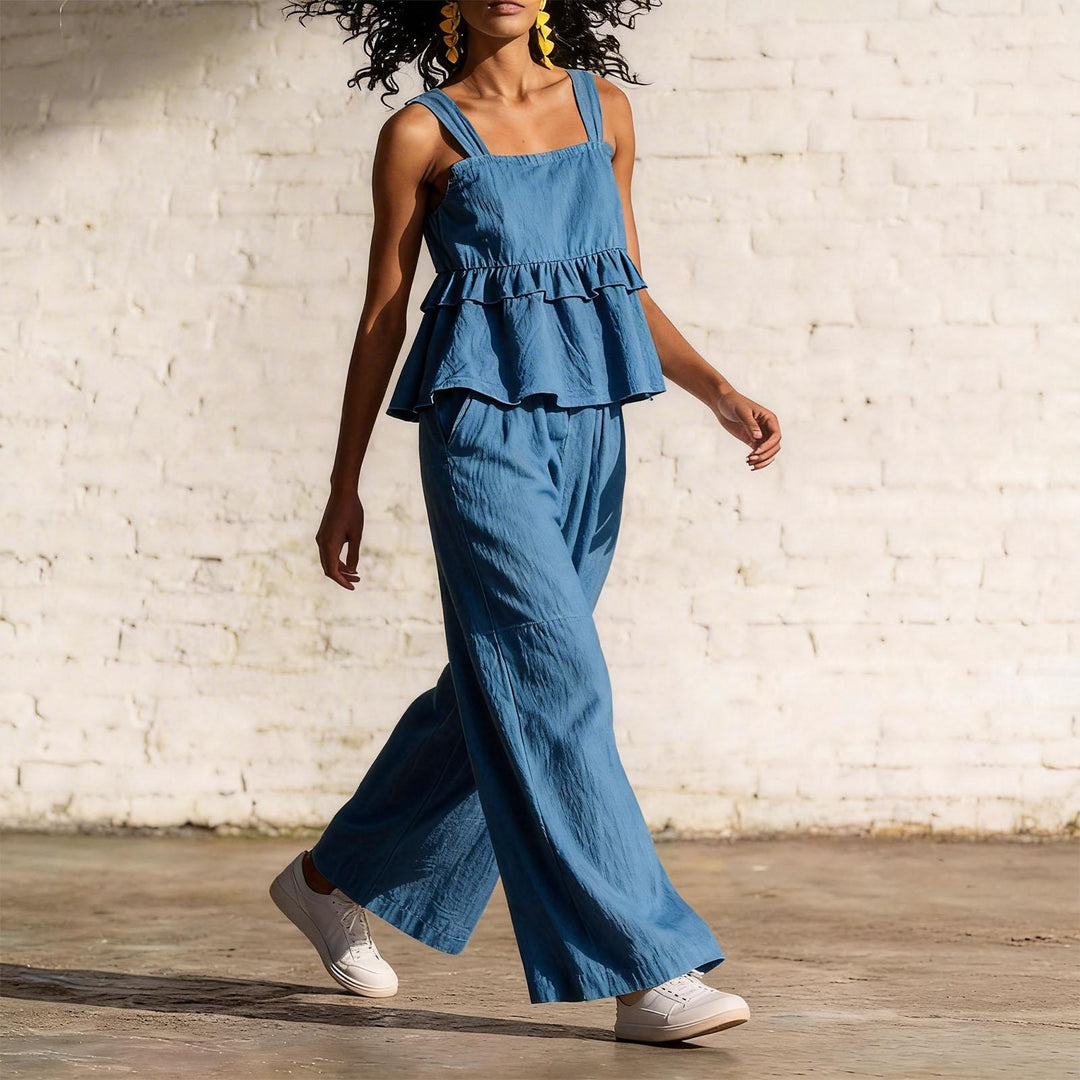 2 Piece Summer Sets for Women Ruffle Casual Summer Sleeveless Peplum Top and Wide Leg Pants Sets for Leisure workable